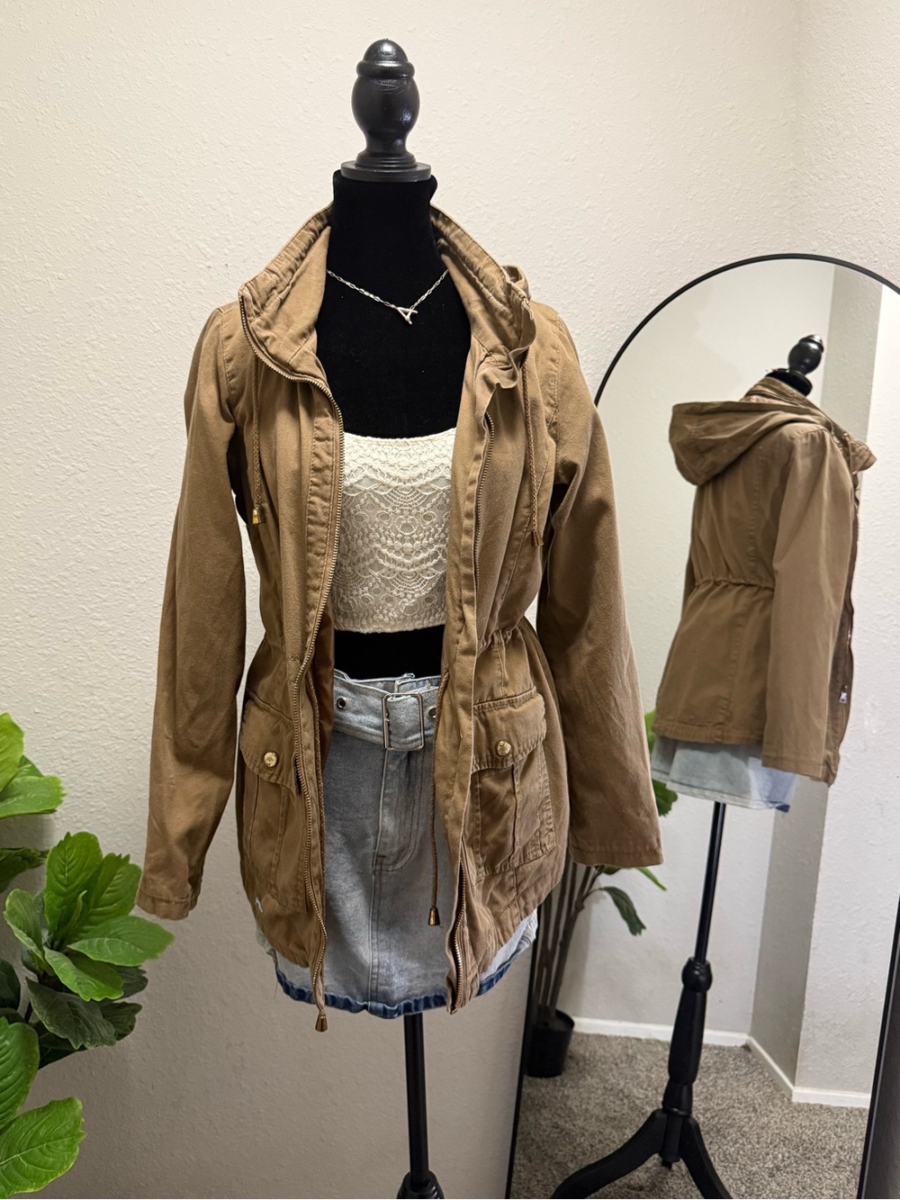 Miss London Hooded Utility Jacket in Brown